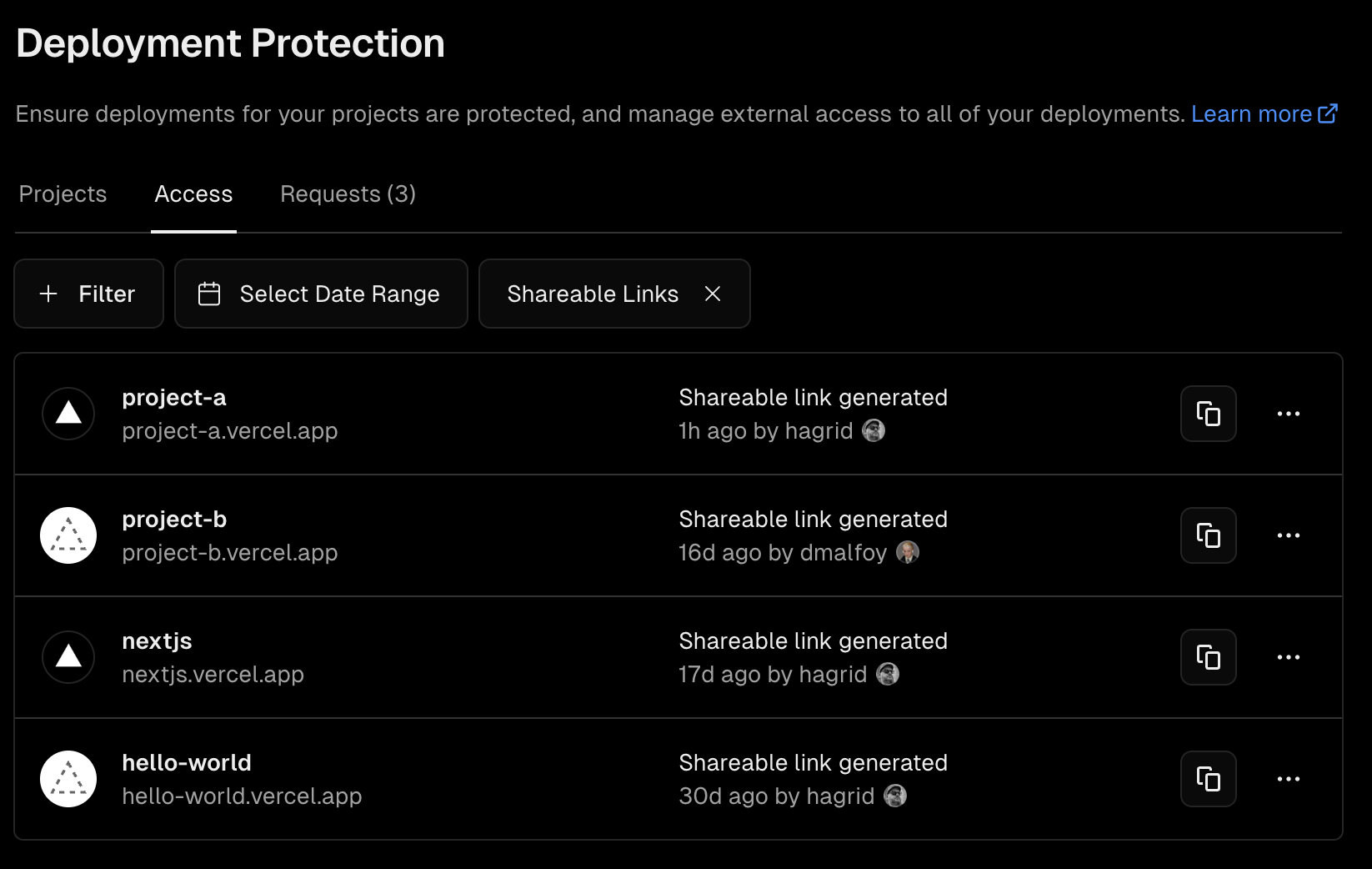 Dashboard > Settings > Deployment Protection > Access